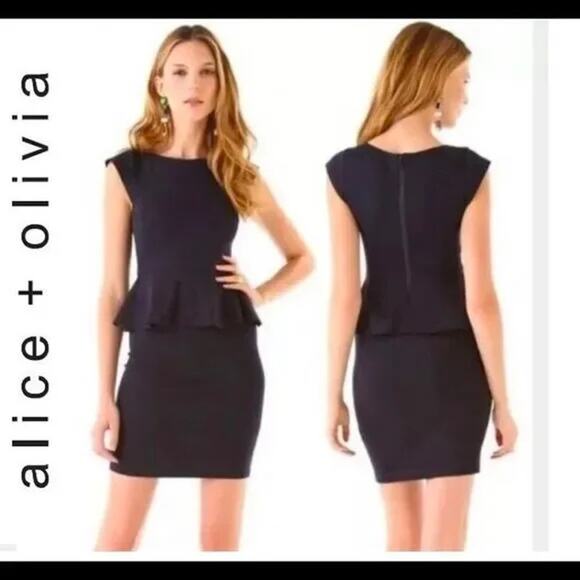 Alice + Olivia Employed Navy Blue Cap Sleeve Peplum Sheath Dress SZ 8 - Picture 2 of 8